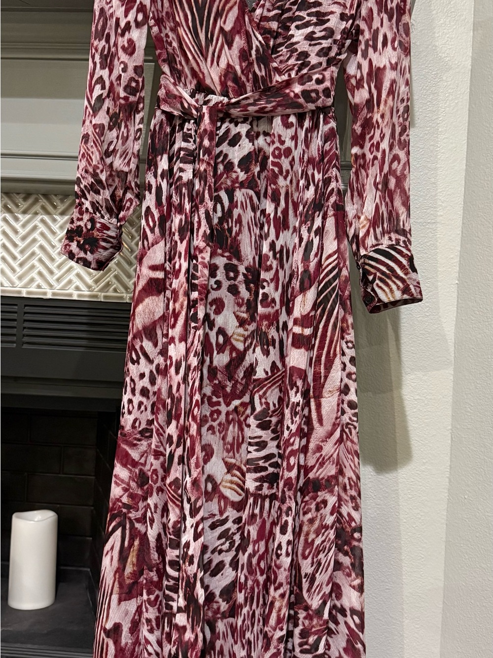 Woman's Burgundy Animal-Print Maxi Wrap Dress with Tie Waist